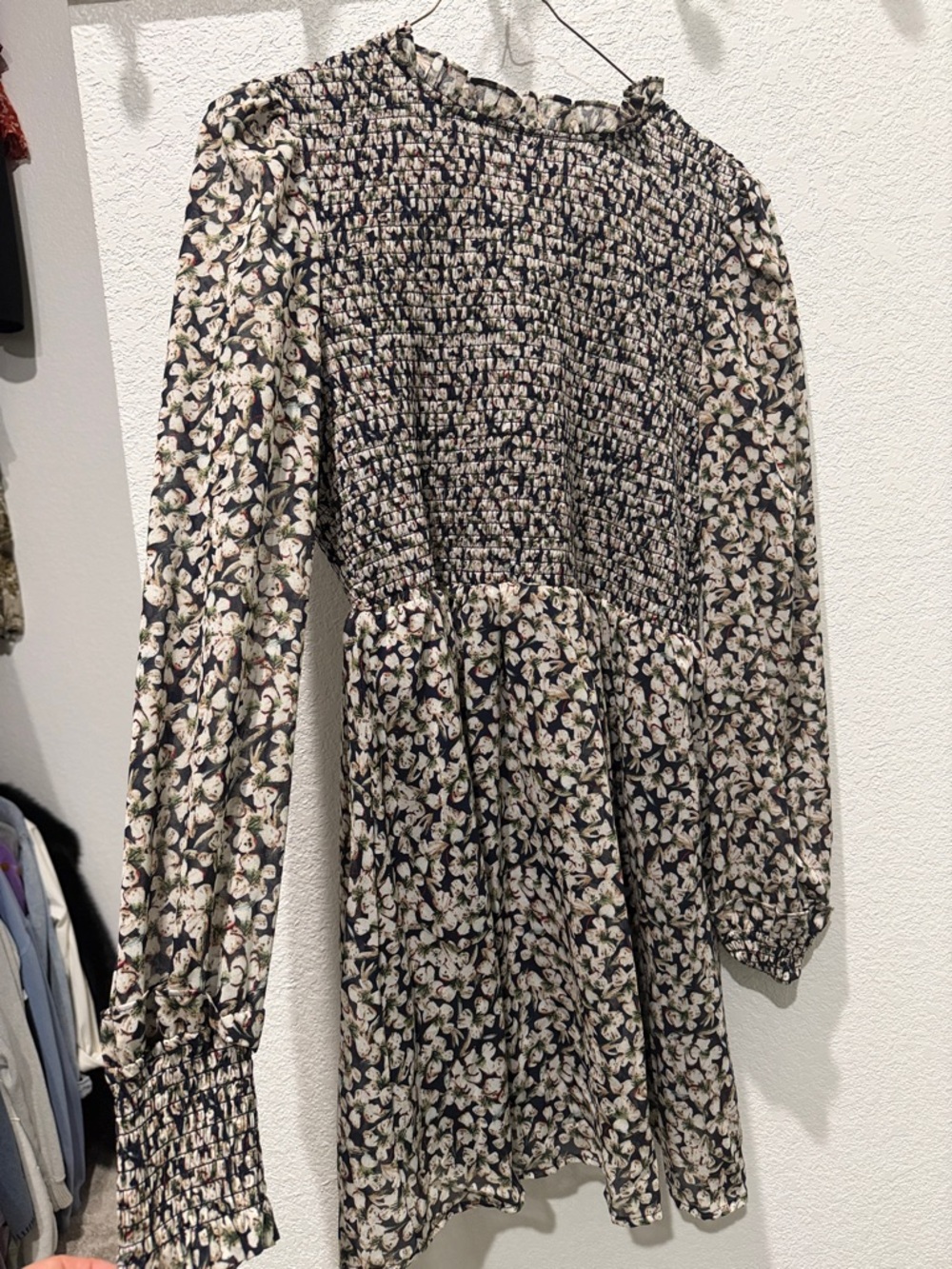 Lulu’s Smocked Floral Long Sleeve Skater Dress - Navy Floral